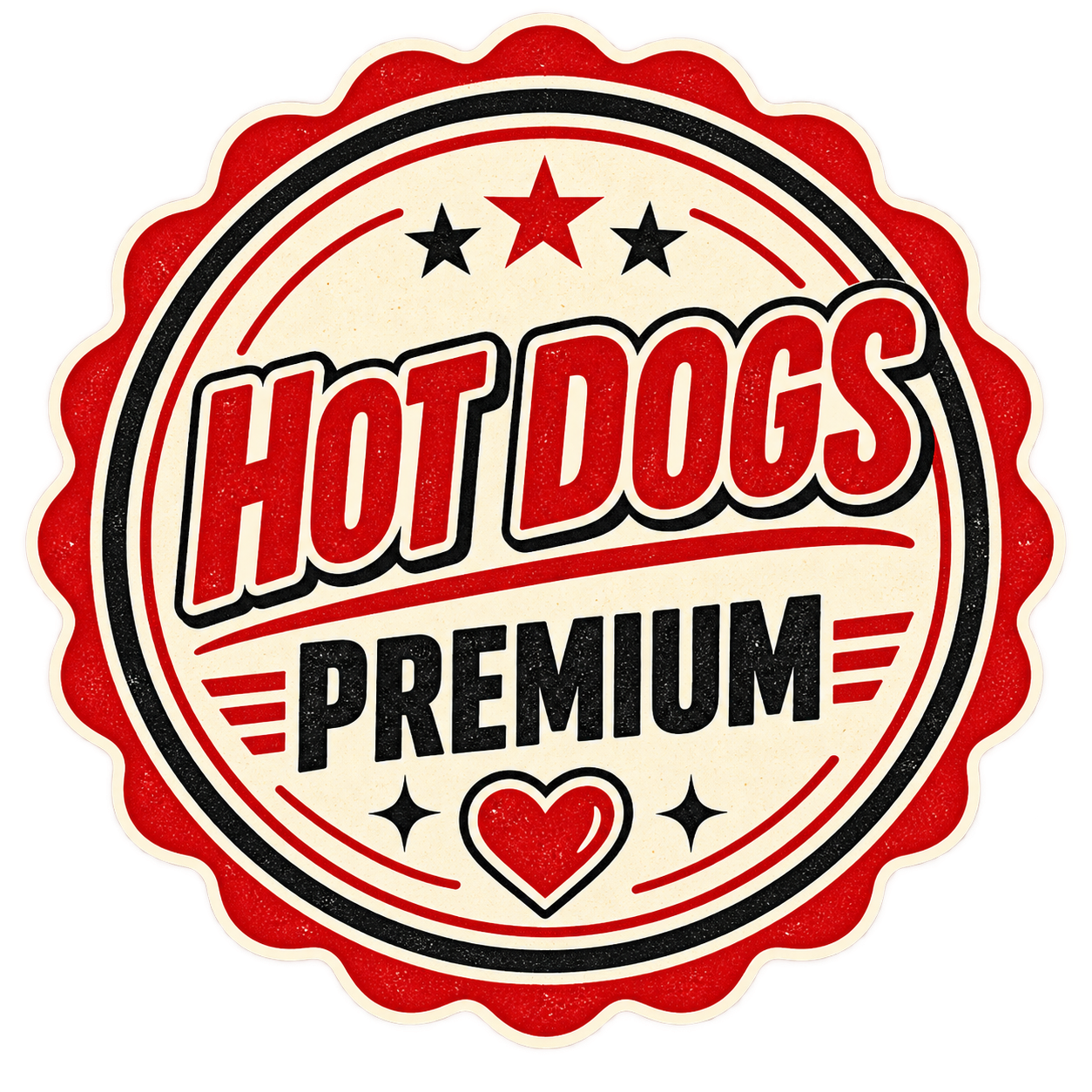 Etiqueta decorativa con texto en color rojo, negro y blanco que dice 'Hot Dogs Premium' con estrellas y corazón en el diseño.