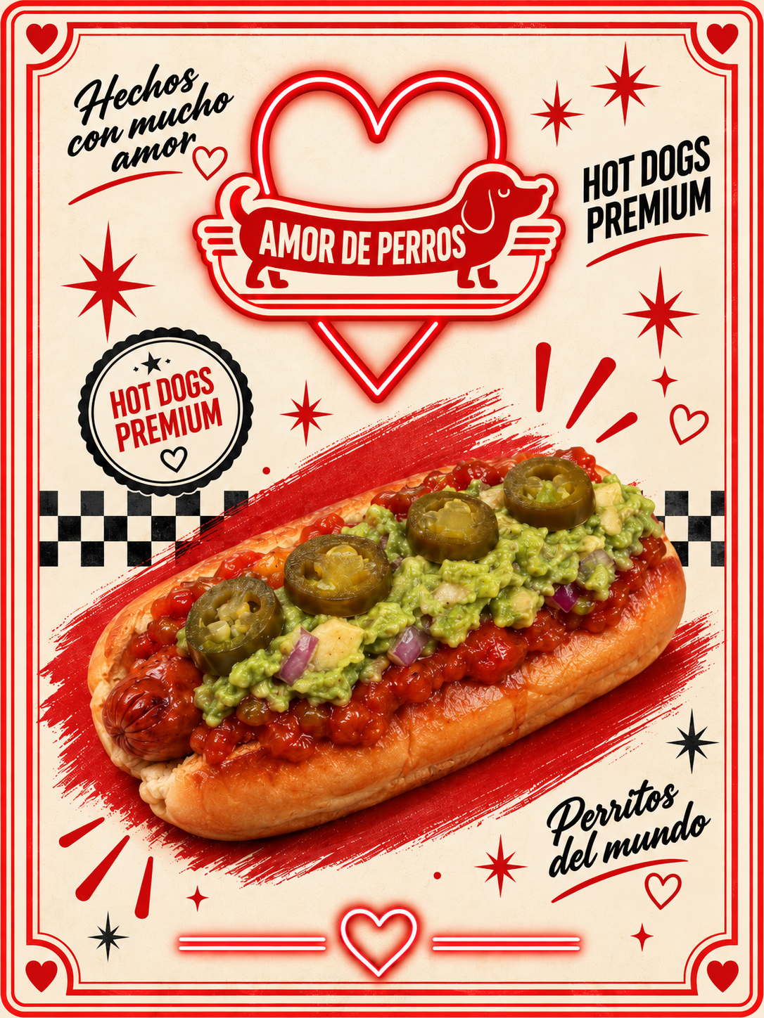 Un cartel decorativo con un hot dog cubierto de ingredientes como jalapeños, guacamole, pico de gallo y salsas, rodeado de un marco rojo con corazones y estrellas, con texto en español que dice 'Hechos con mucho amor', 'Amor de perros', 'Hot dogs premium' y 'Perritos del mundo'.
