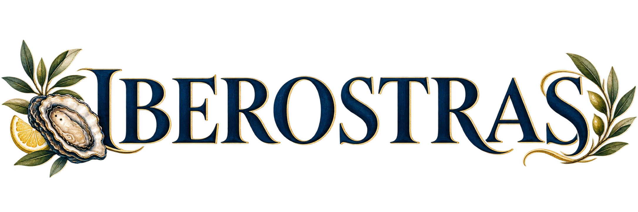 Logotipo de Iberostras con una ostra, hojas de olivo, limón y una rama con aceitunas.