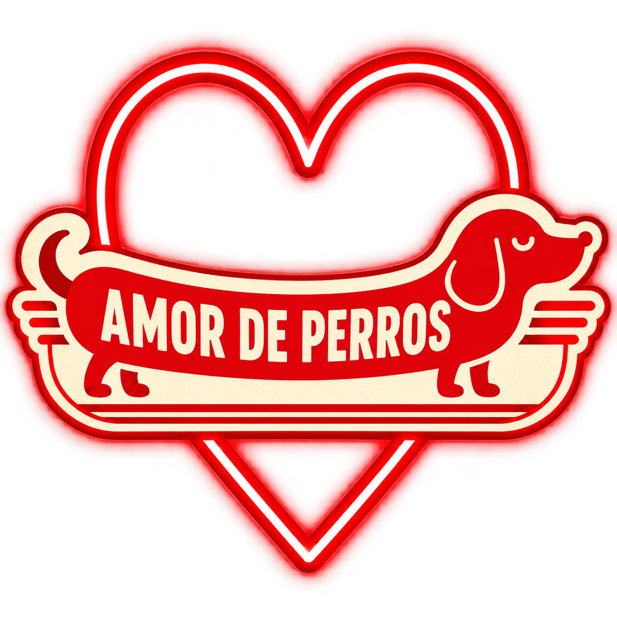 Neón de color rojo con figura de un perro y un corazón, y la frase 'Amor de perros' en pantalla.