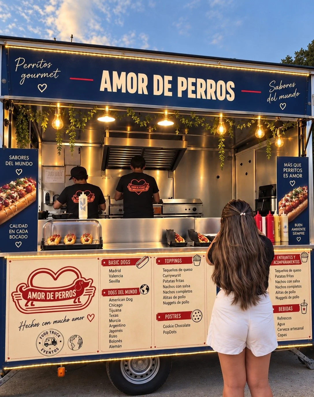 Food truck de perros calientes llamado 'Amor de Perros' con luces y decoraciones verdes, menu con diferentes tipos de hot dogs y toppings, y una mujer con baño en camisa blanca observando el puesto.