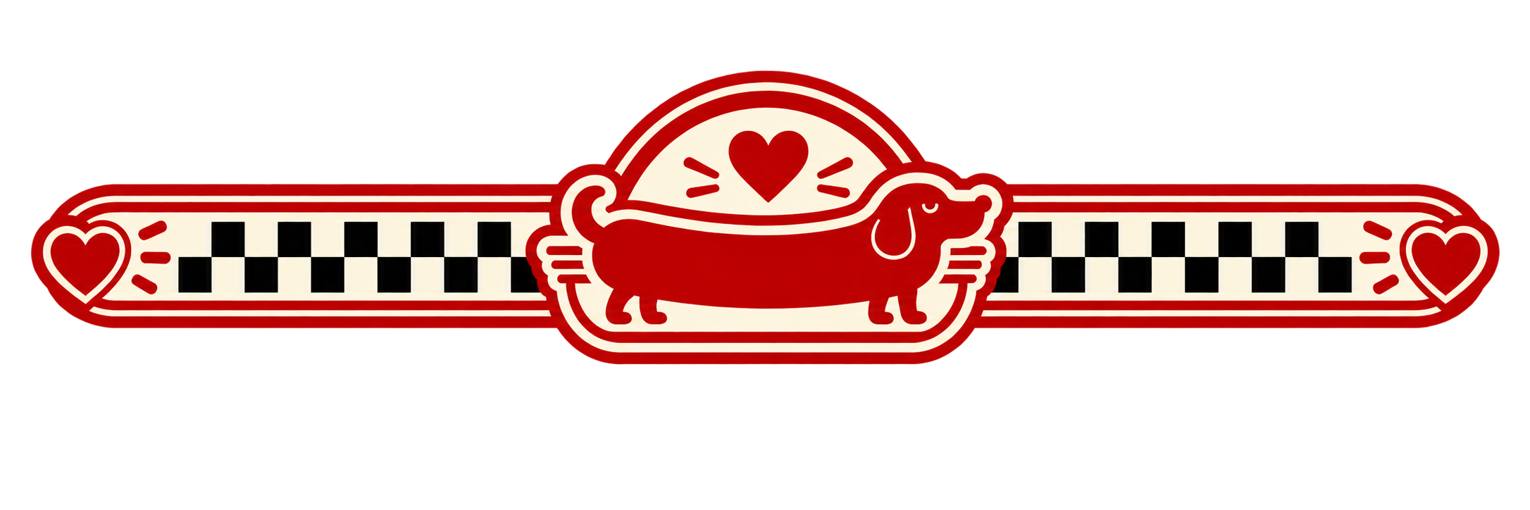 Diseño con un perro salchicha en el centro, corazones y rayos de emoción, en colores rojo, blanco y negro.