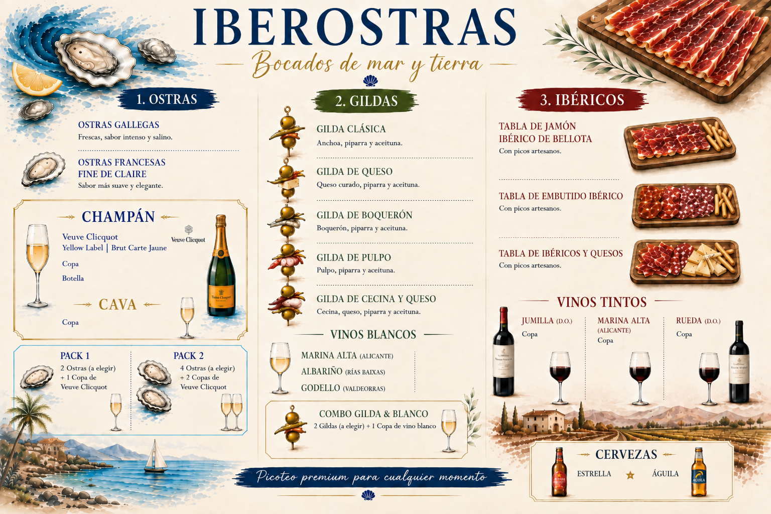 Menú de mariscos y embutidos ibéricos con vinos y cervezas, incluido un combo de ginebra y vino blanco.