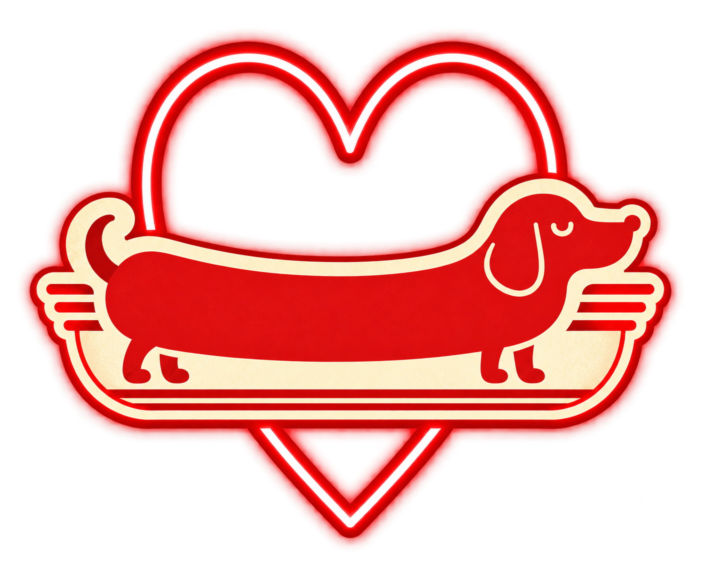 Neón de un perro dentro de un corazón, montado en un trineo