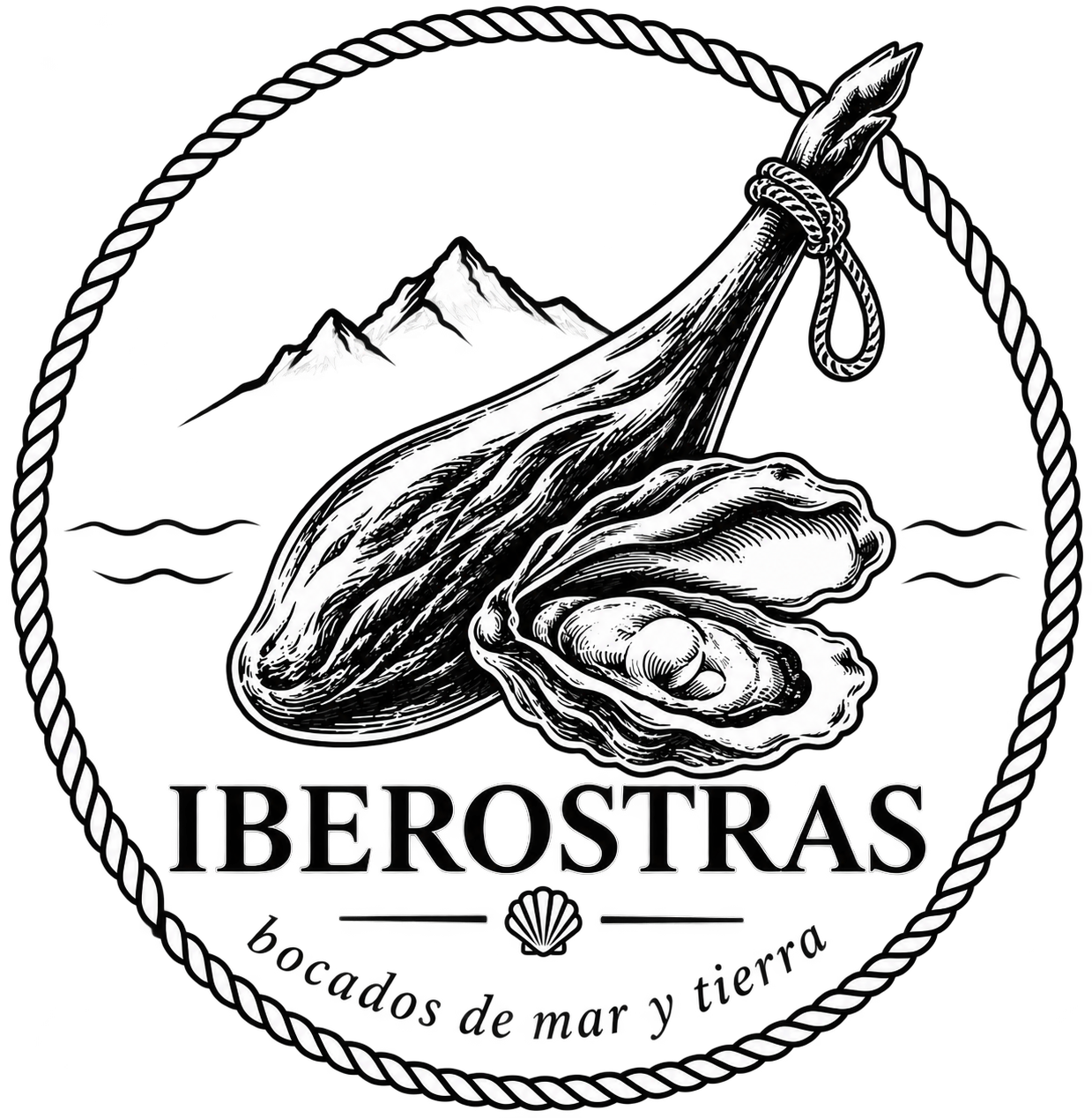 Escudo con una ostra, una concha y una montaña, rodeado por una cuerda. Texto que dice 'IBEROSTRAS' y 'productos del mar y tierra'.