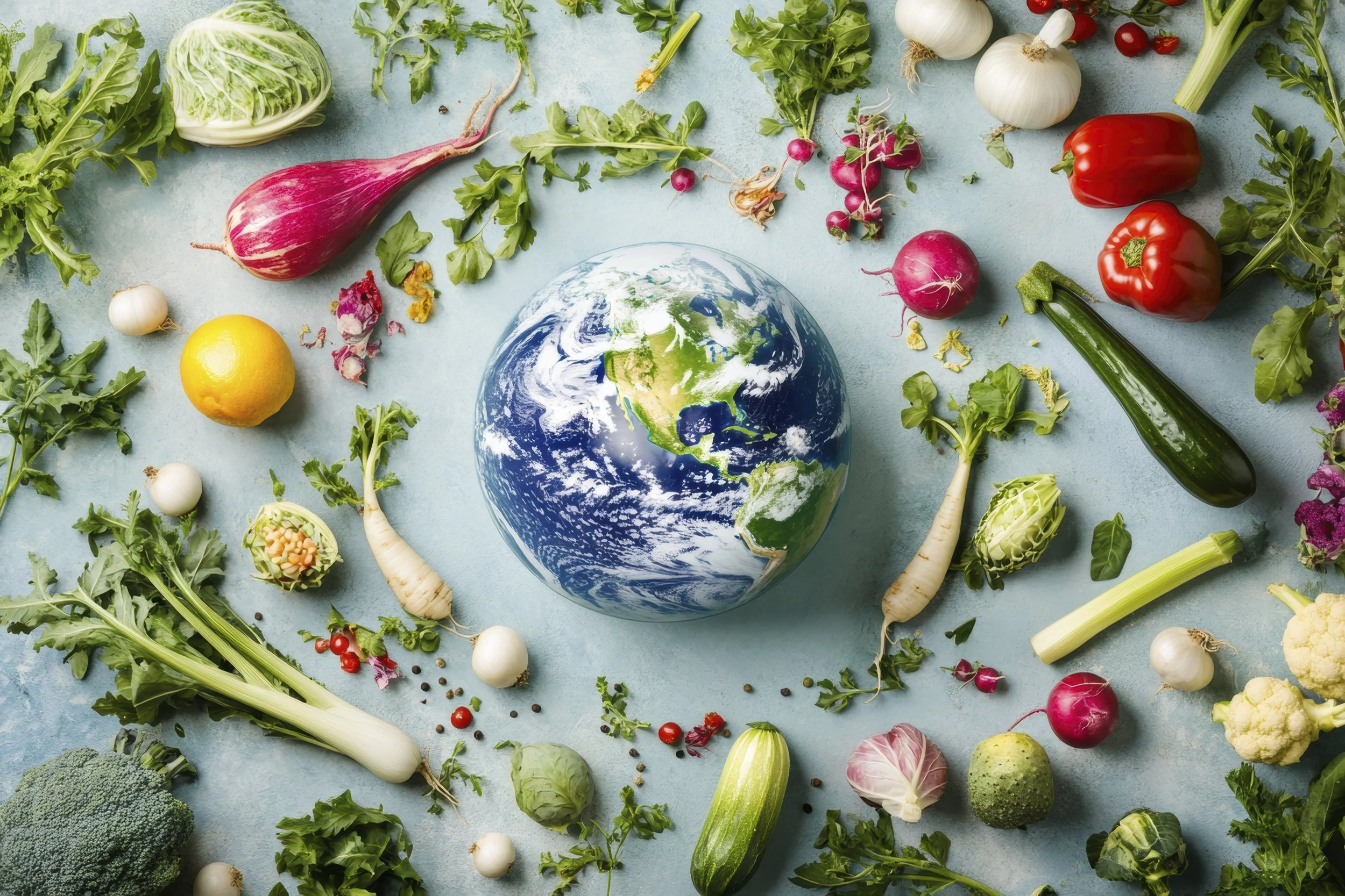 A variety of fresh vegetables and herbs surrounding a paper globe on a light blue surface.