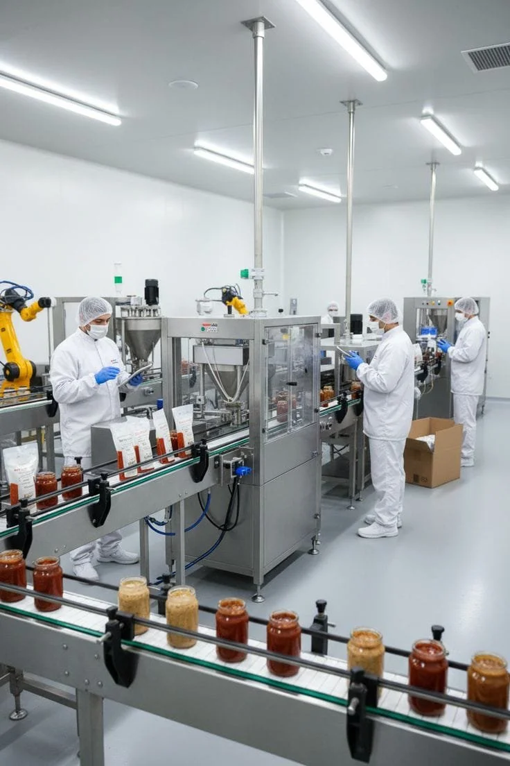 Workers in white protective gear and masks operating machinery to package jars of sauces or condiments on a production line in a clean factory setting.