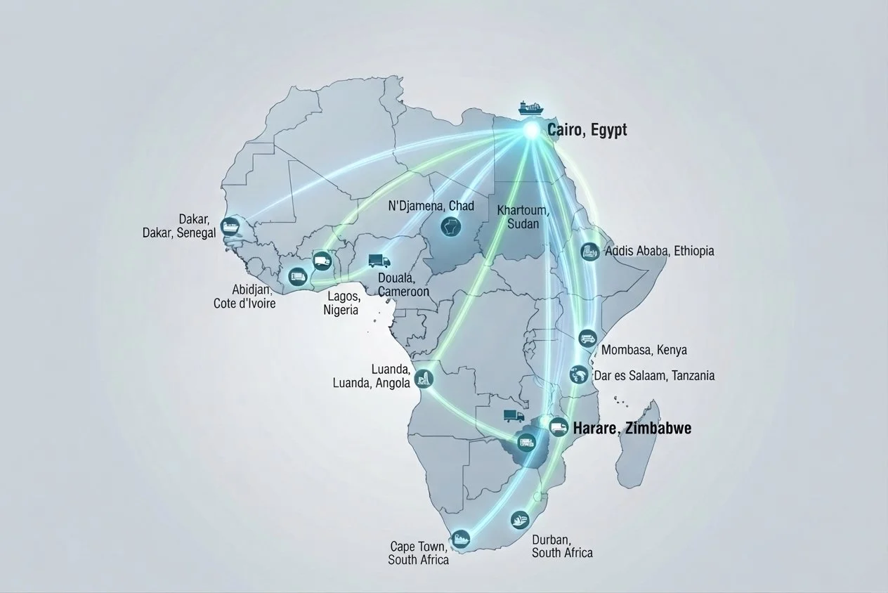 Map of Africa with key cities connected by routes, including Cairo, Egypt; Abidjan, Cote d'Ivoire; Lagos, Nigeria; Luanda, Angola; Harare, Zimbabwe; Cape Town and Durban, South Africa; Dar es Salaam, Tanzania; Mombasa, Kenya; Addis Ababa, Ethiopia; Khartoum, Sudan; N'Djamena, Chad; Douala, Cameroon; Dakar, Senegal; and others, with icons representing transportation and trade links.