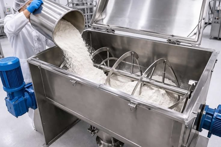 A person pouring a white powder into a large stainless steel industrial mixer in a manufacturing facility.