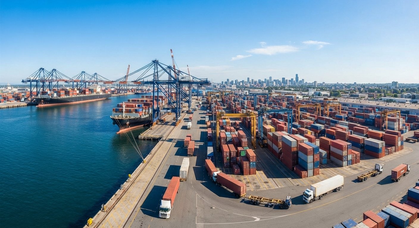 View of a shipping port with cargo ships docked, numerous stacked shipping containers, cranes, trucks, and a city skyline in the background.