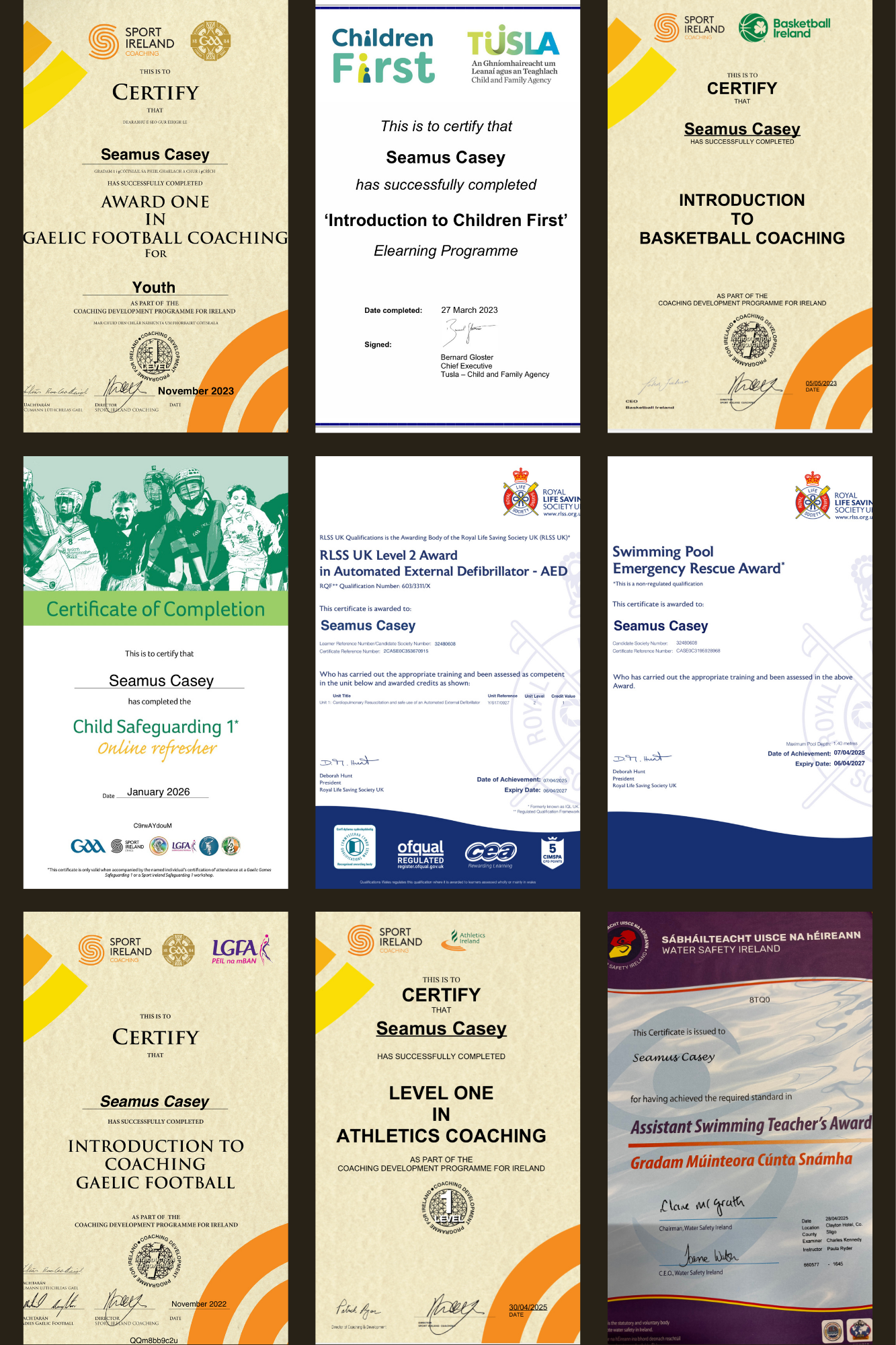 A collage of various certificates and awards, including certifications in Gaelic football coaching, children first e-learning program, basketball coaching, child safeguarding, AED certification, swimming pool rescue, sports coaching, athletics coaching, water safety, and assistant swimming teacher, with signatures and dates.