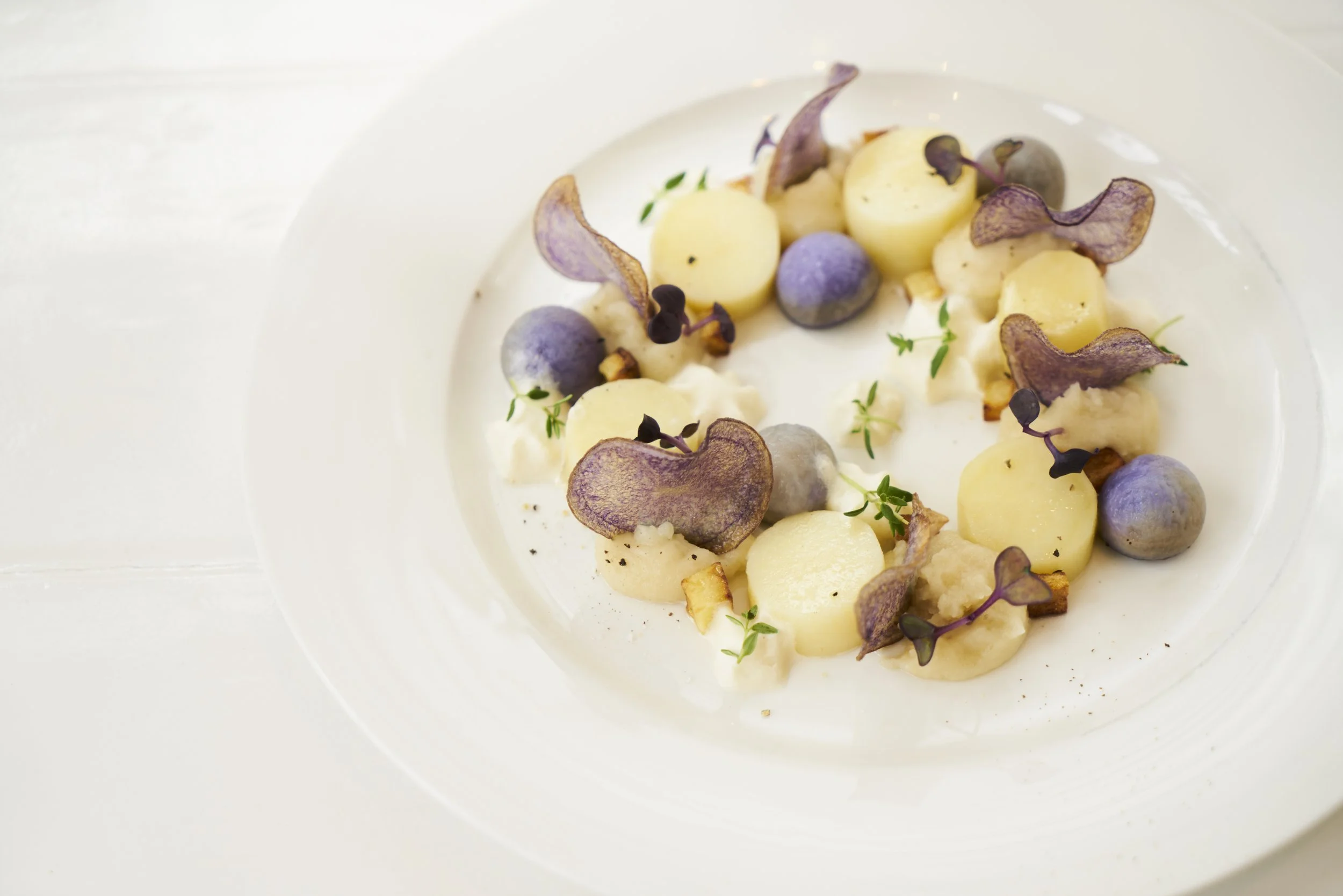 Gerecht met aardappelpuree, paarse aardappels, microgroenten en dun gesneden chips op een wit bord.