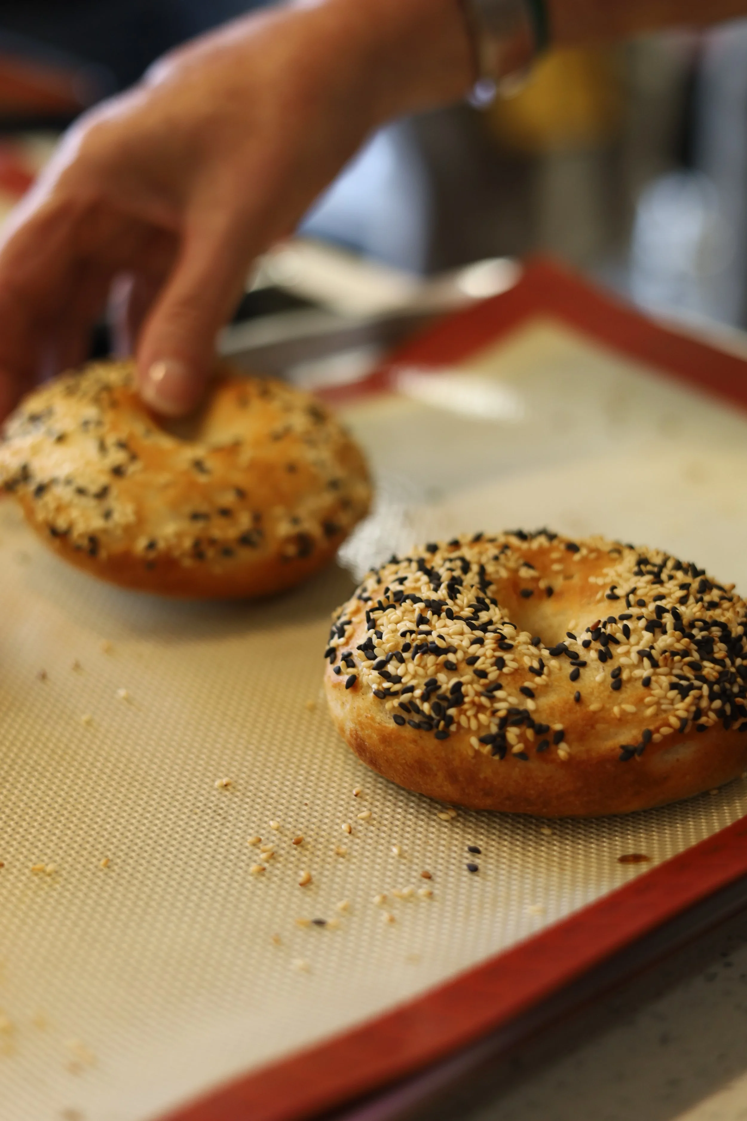Een hand pakt een bagel met sesam- en( of) zwarte-zaden uit een bakplaat met ander bagels. De achtergrond is wazig.