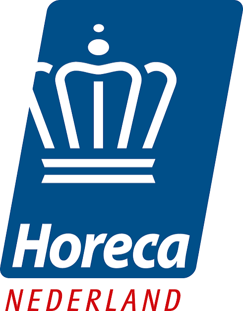 Logo van Horeca Nederland met een wit kroonsymbool op een blauwe achtergrond en de tekst 'Horeca NEDERLAND' eronder.