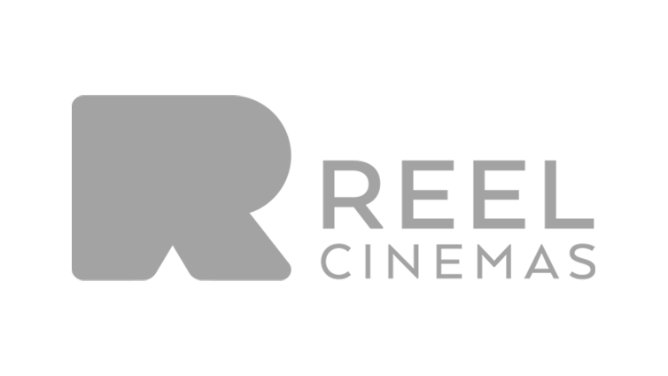 Reel Cinemas logo with a stylized gray letter R and the words 'Reel Cinemas' in gray.