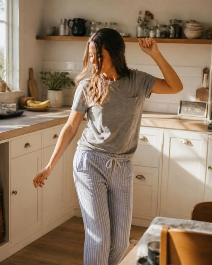 Femme dans une cuisine, portant un t-shirt gris et un pantalon à rayures, semble danser ou faire une activité joyeuse.