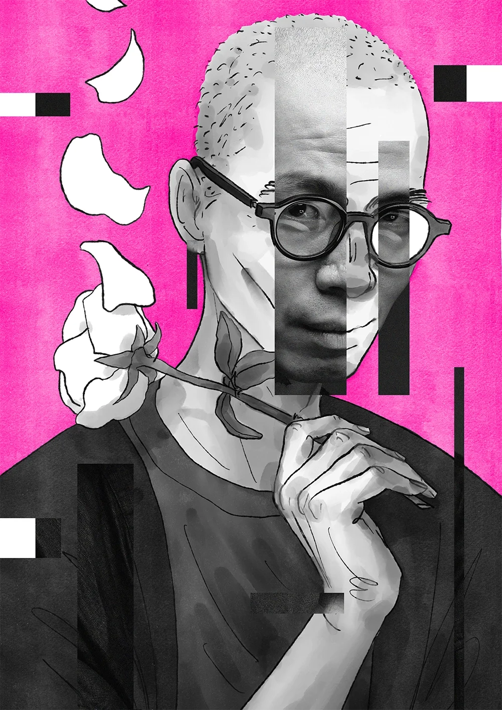 An artistic collage portrait of a person with glasses, holding a white rose. The face is split between a realistic photo on the right side and a cartoon sketch on the left side, set against a bright pink background with abstract black and white rectangular shapes.