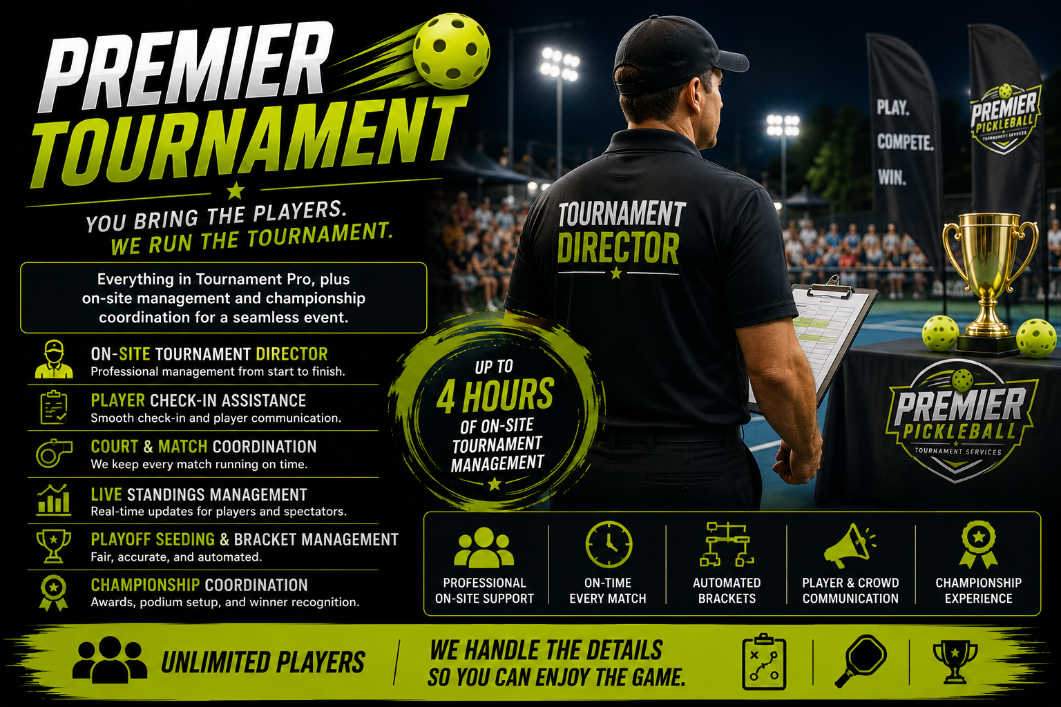 Promotional graphic for Premier Pickleball tournament services featuring a man in black shirt with a clipboard, a table with a trophy and pickleball paddles, and banners on a night outdoor court. Text highlights tournament management services like on-site director, player check-in, court coordination, live standings, playoff seeding, and championship coordination, emphasizing support for up to four hours and unlimited players.