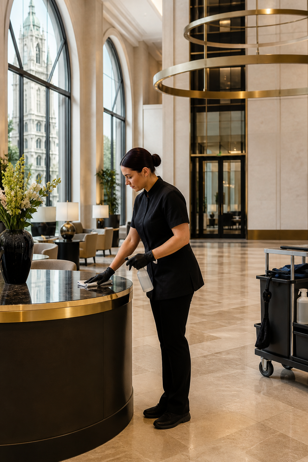 SERVICE22 Mitarbeiterin bei der Reinigung einer Hotelrezeption in München.