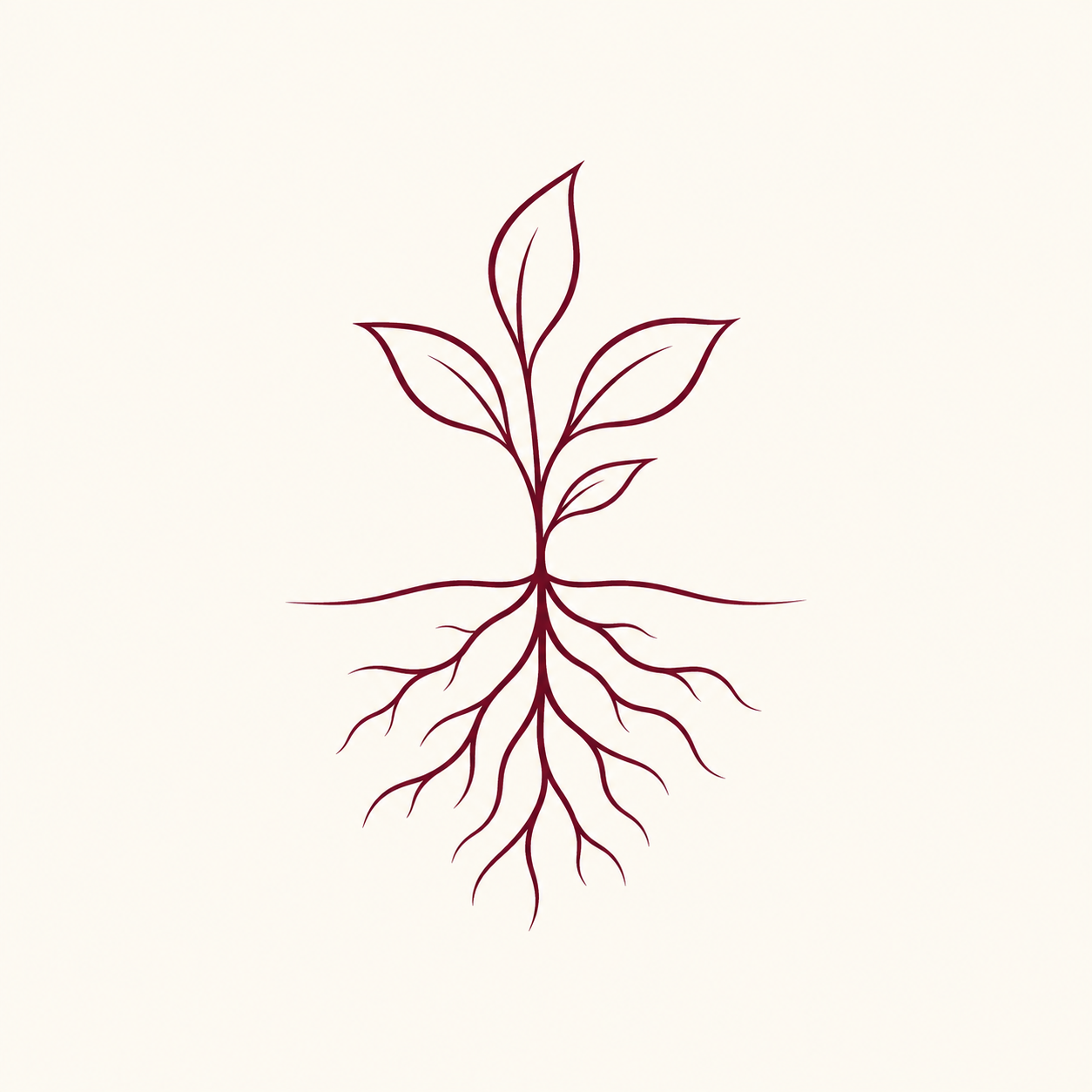 Line drawing of a sprouting plant with roots extending underground.
