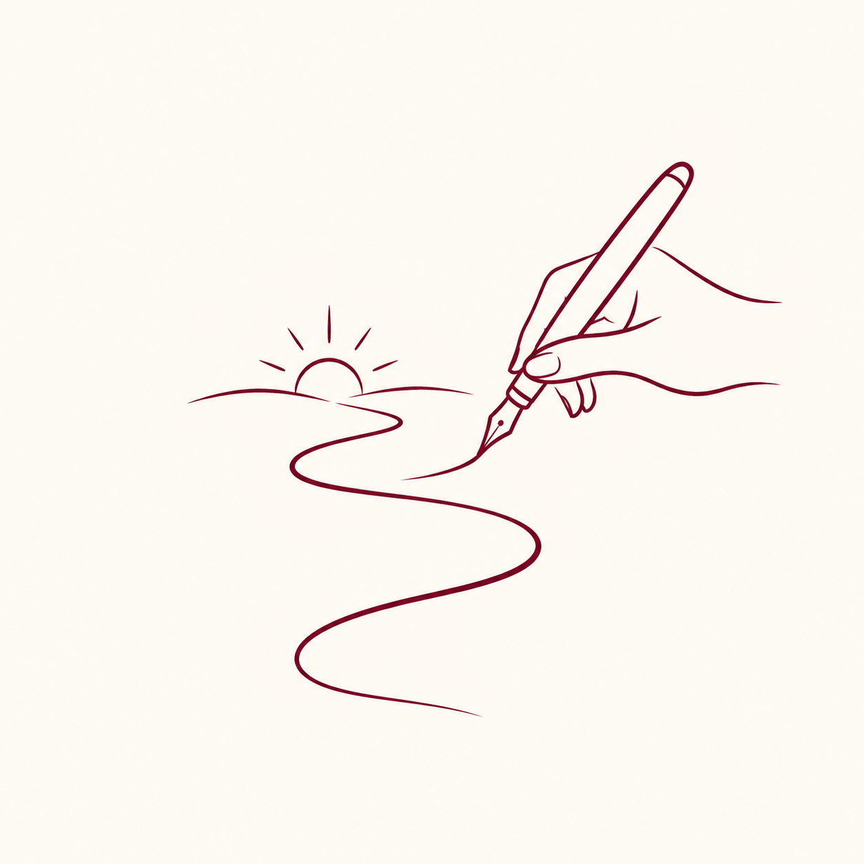 A line drawing of a hand holding a pen, writing.