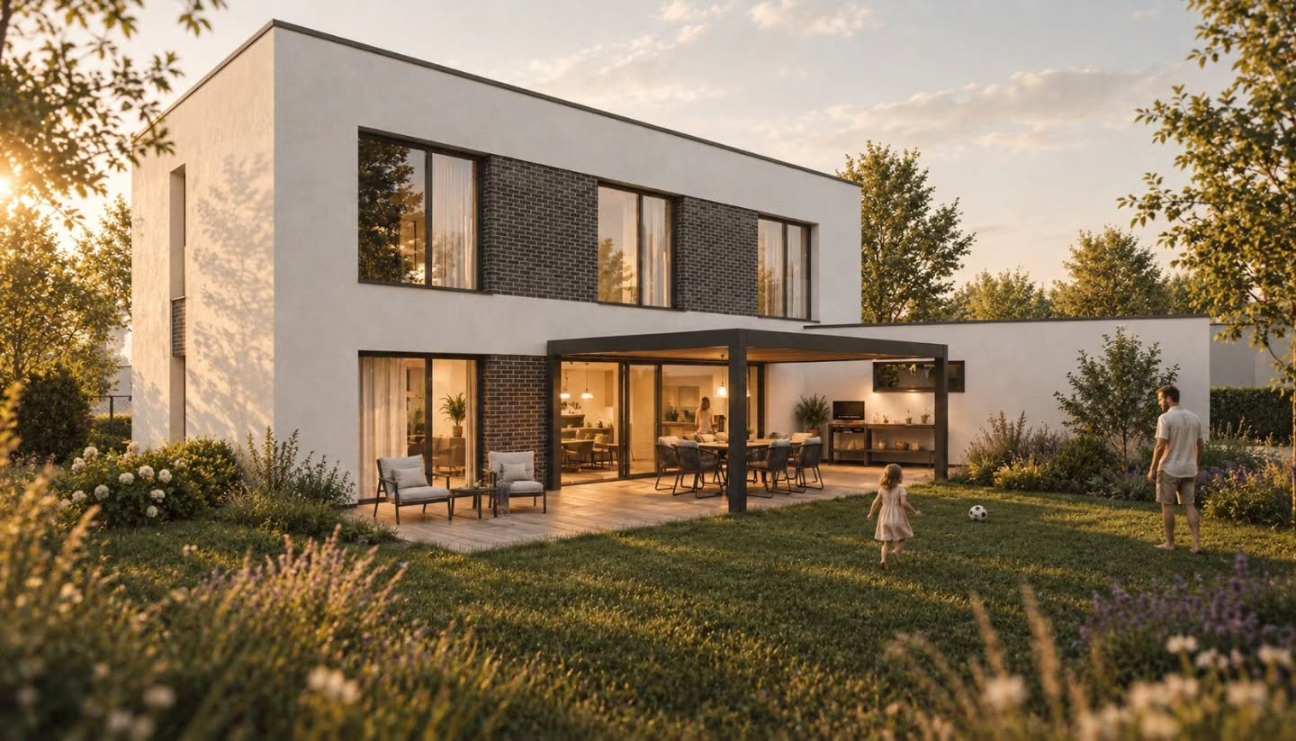 Rodinn&yacute; dům Kolovraty //_vizualizace

Nov&eacute; bydlen&iacute; v Kolovratech spojuje čistou architekturu s hřejiv&yacute;mi materi&aacute;ly. Dvojpodlažn&iacute; rodinn&yacute; dům stav&iacute; na kontrastu om&iacute;tky a tmav&eacute;ho cih