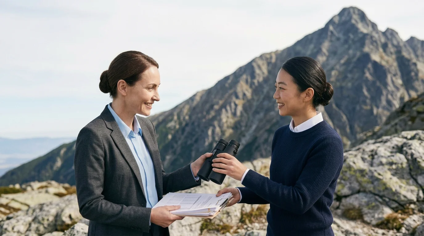 Two women in business attire exchanging a pair of binoculars outdoors with mountain landscape in the background. clearvisor helps customers transform from: insight to: foresight with their strategy, data, performance and technology expertise.