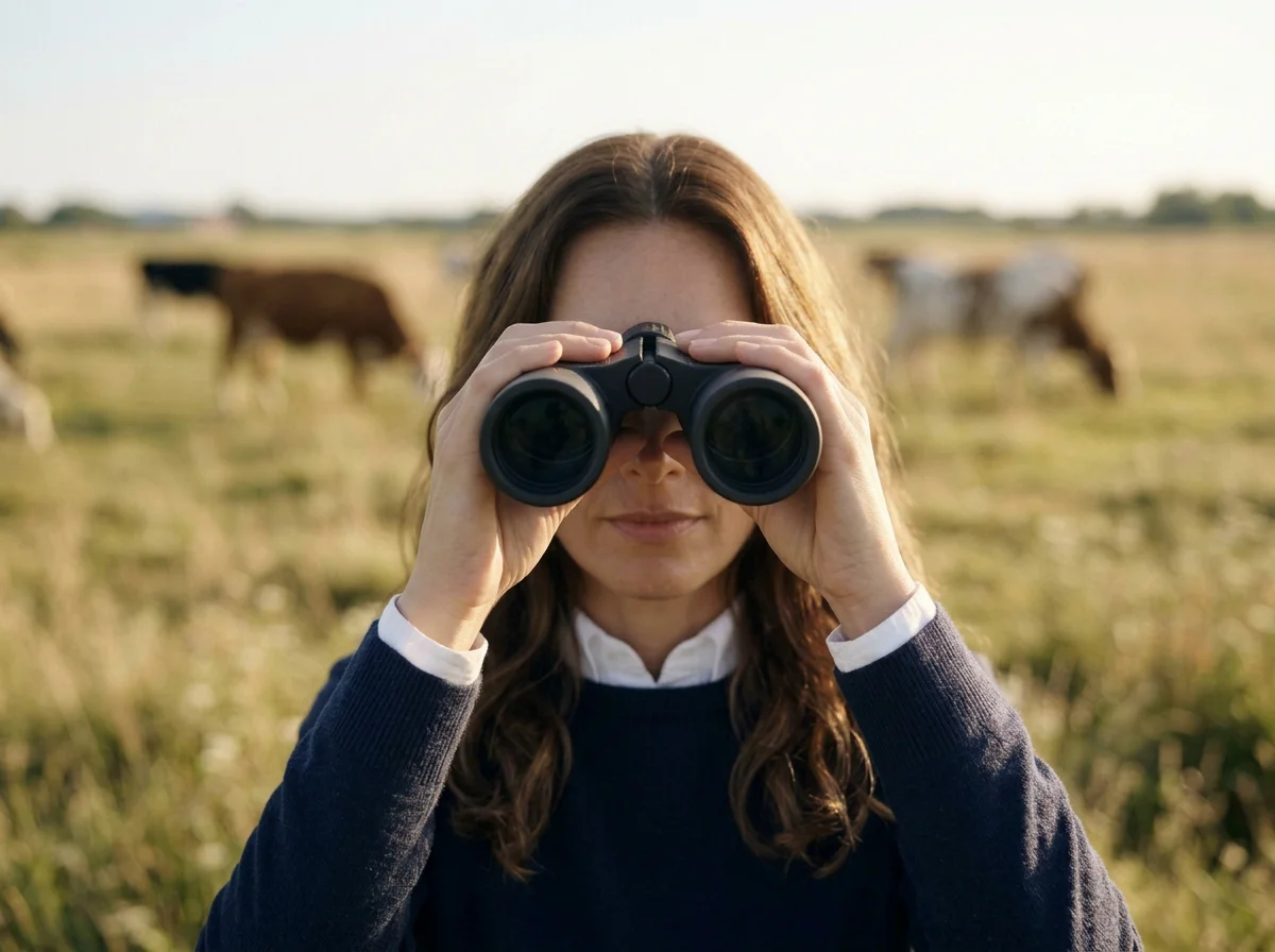 Woman looking through binoculars in a field with cows grazing in the background. She represents clearvisor, who can help re:envision your strategy, performance, data-driven decisions and digital transformation.