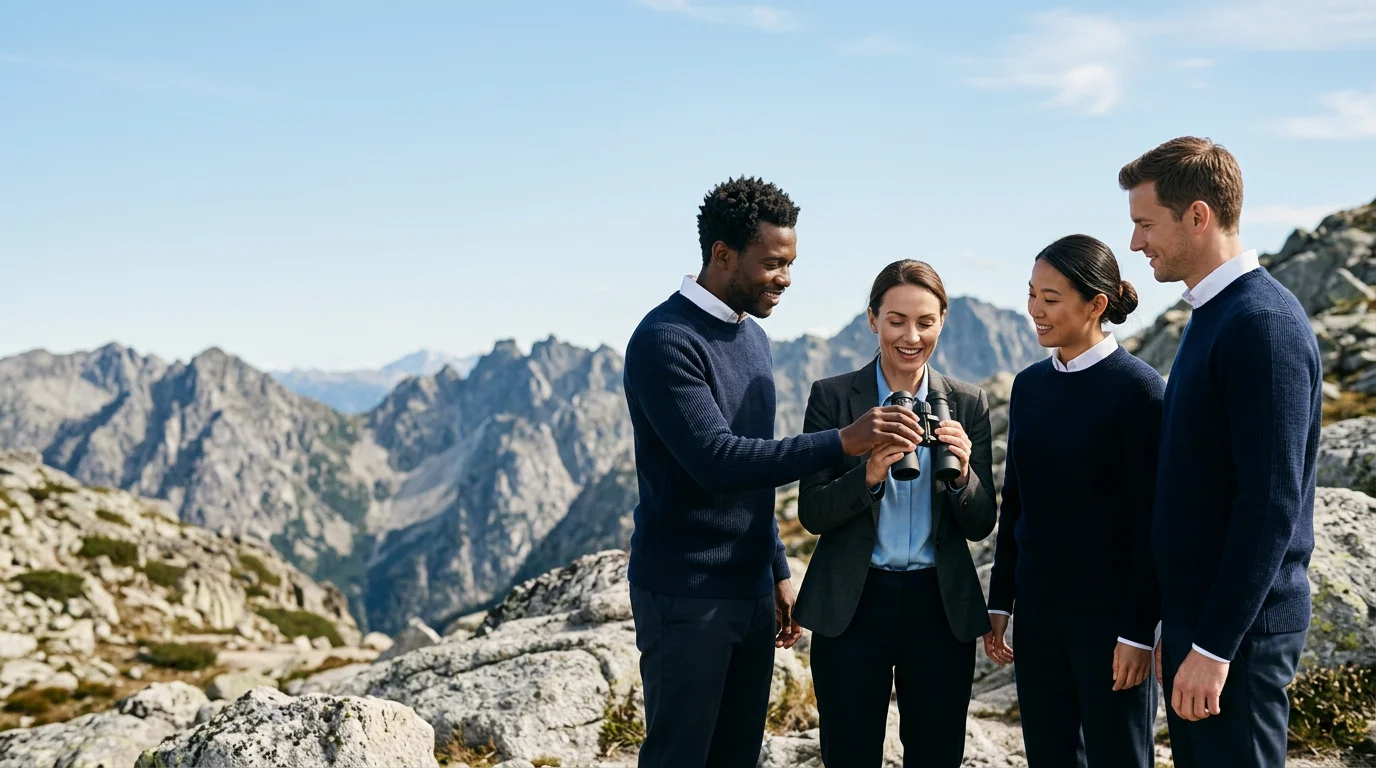 Four professionals in business attire examining binoculars together on a mountain landscape with rocky terrain and mountains in the background.
