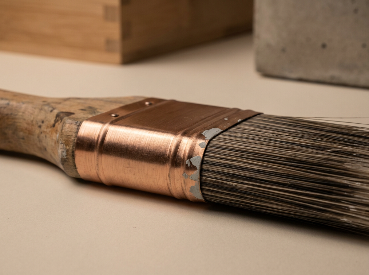 A close-up of a paintbrush with a wooden handle, metal ferrule, and dark bristles, lying on a flat surface.