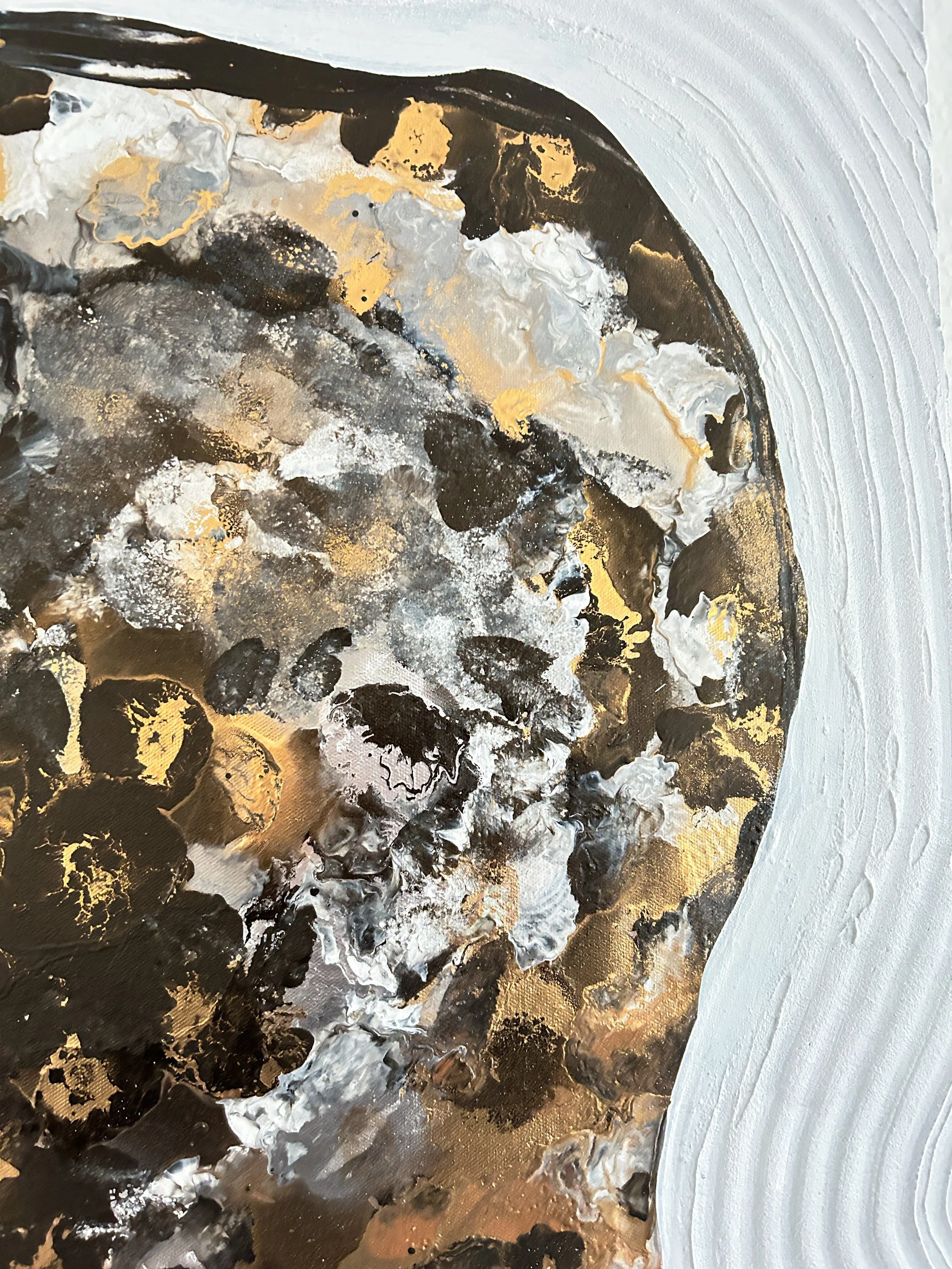 Textured abstract painting with flowing black, white and metallic details by Larissa Maddy for LAMERIA
