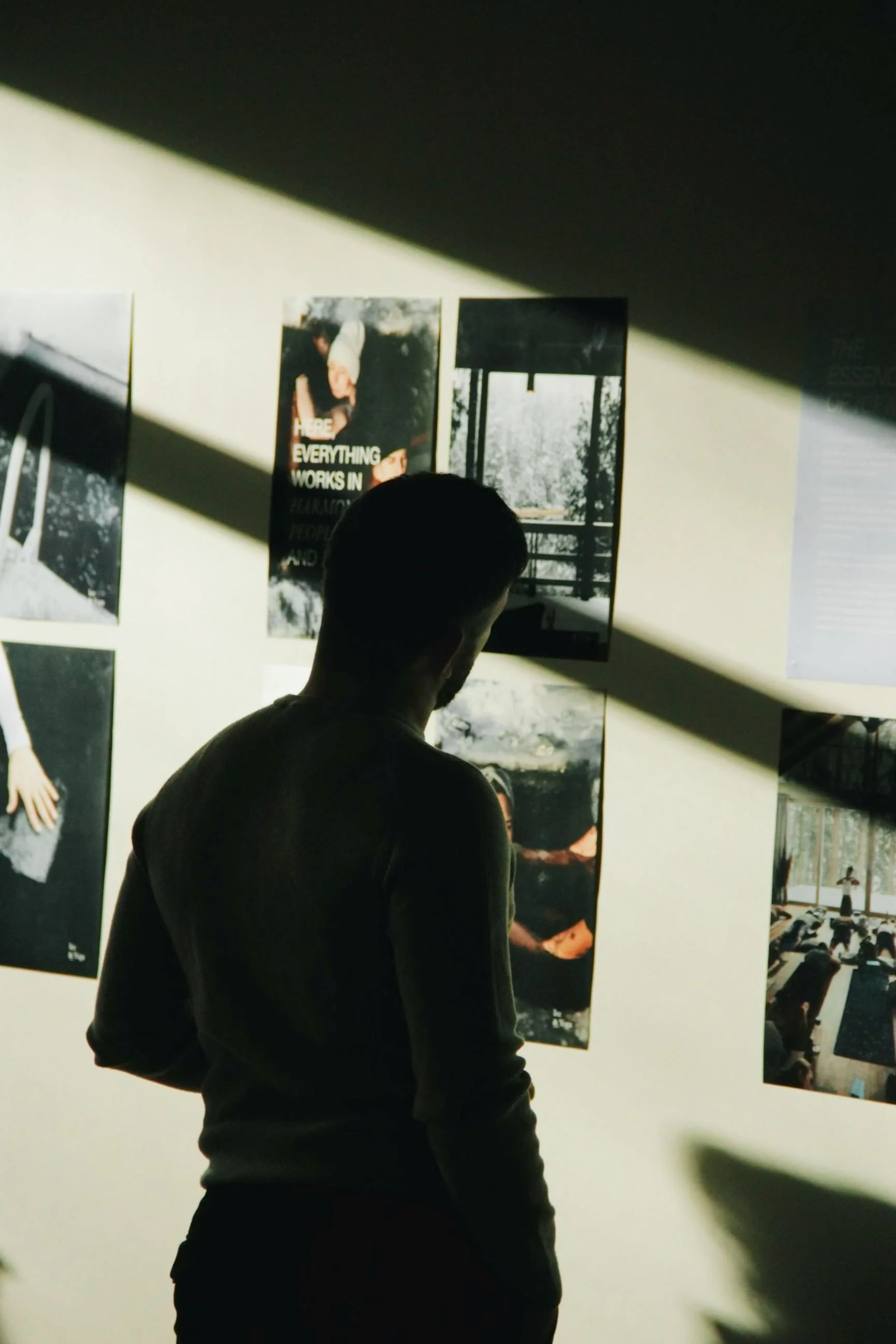 Eine Person schaut sich Fotografien in einer Galerie an, mit Sonnenstrahlen, die durch ein Fenster fallen.