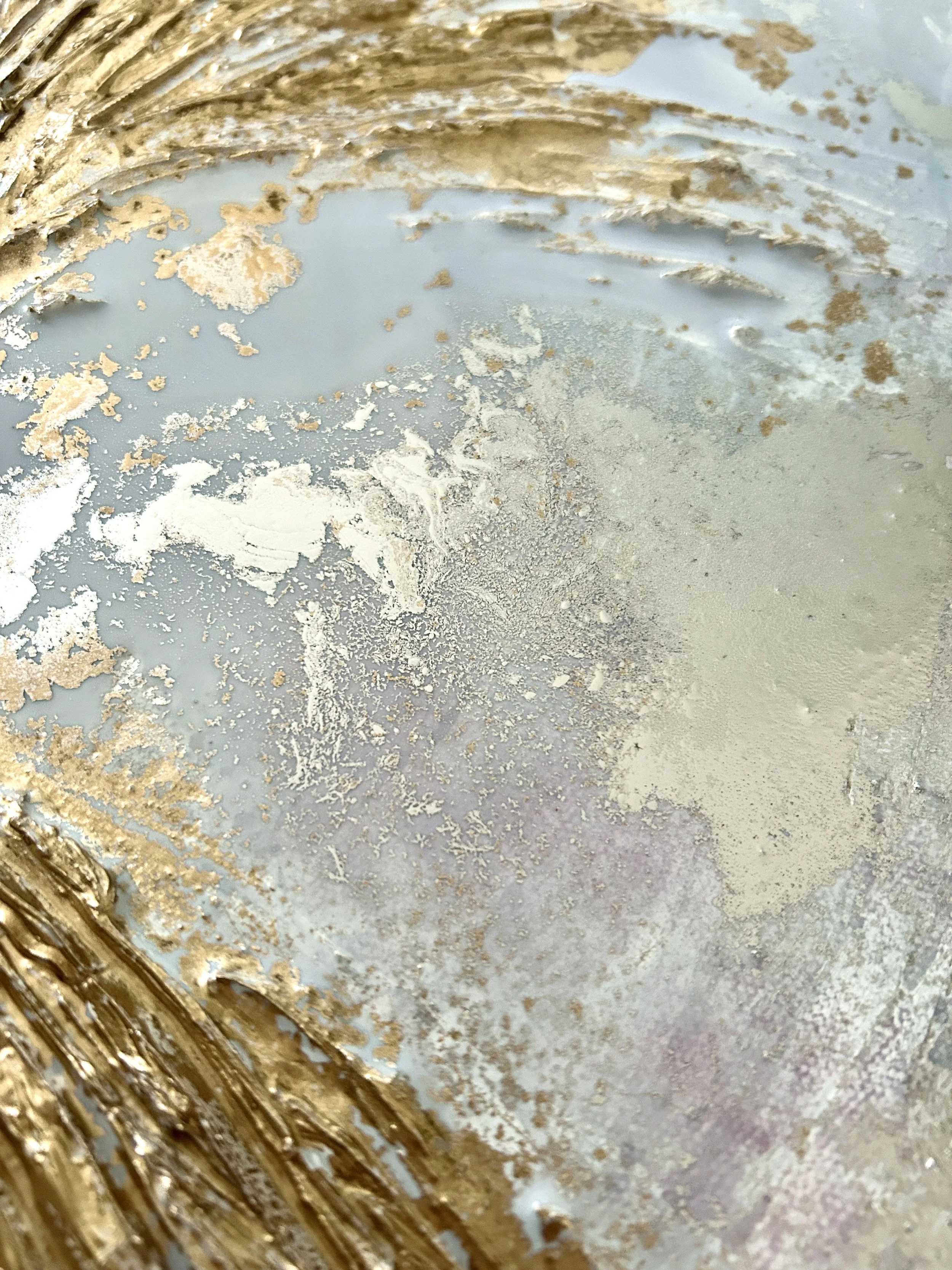 Textured abstract painting with flowing blue, white and metallic details by Larissa Maddy for LAMERIA