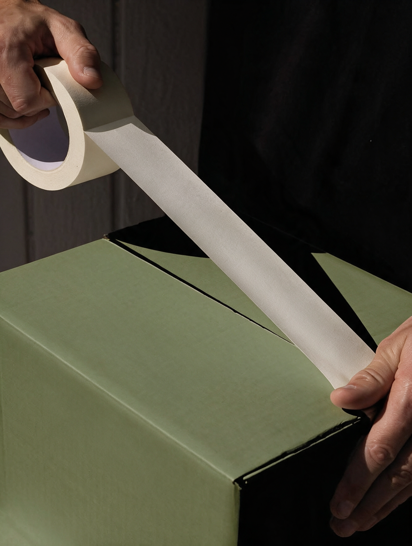 Person peeling off protective tape from a light green cardboard box.