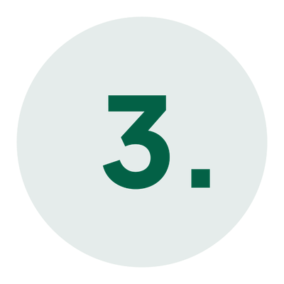 Dark green circle with the number 3 and a period inside.