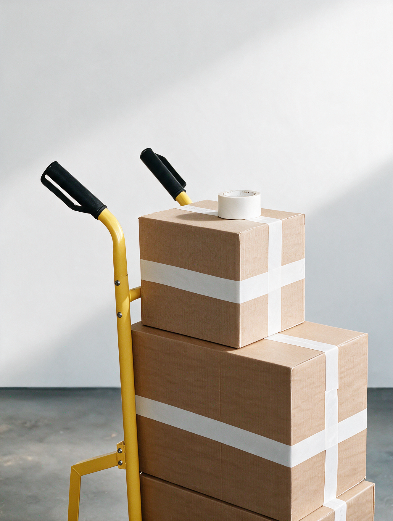 A yellow dolly with black handles holding two cardboard boxes stacked on top of each other, with white packing tape in a minimalist setting.