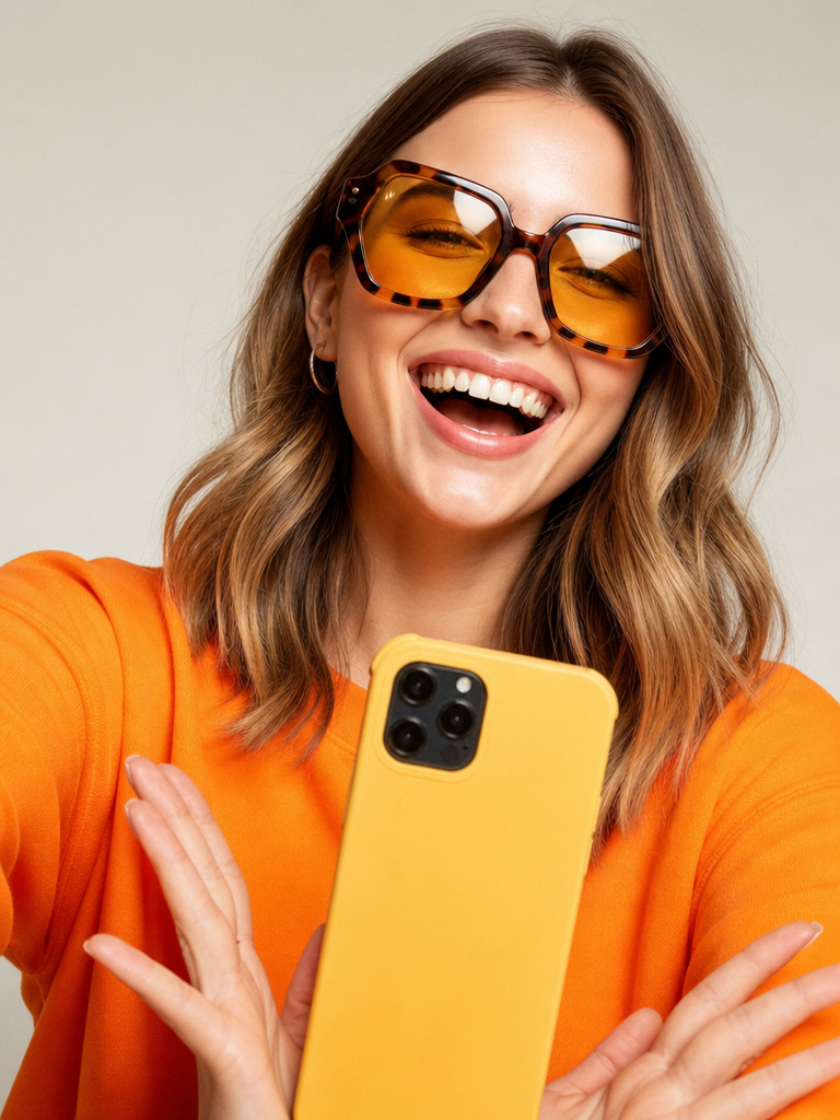 A woman wearing orange sunglasses and an orange shirt taking a selfie with a yellow smartphone, smiling broadly.