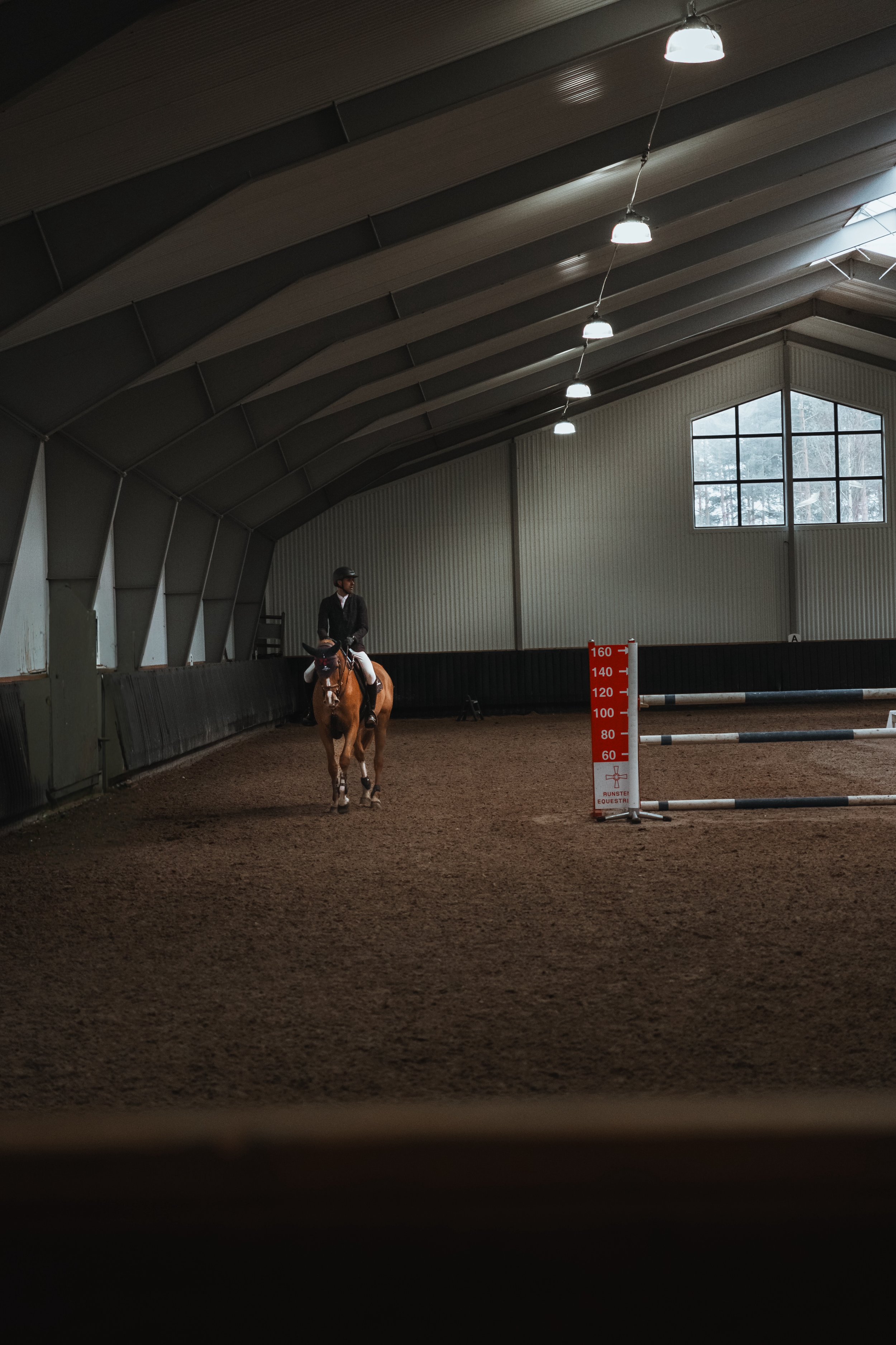 An indoor riding arena with a rider on a brown horse, wearing a black helmet and riding attire. The arena has a high, curved ceiling with hanging lights and a large window showing snow outside. A red and white obstacle is visible on the ground.