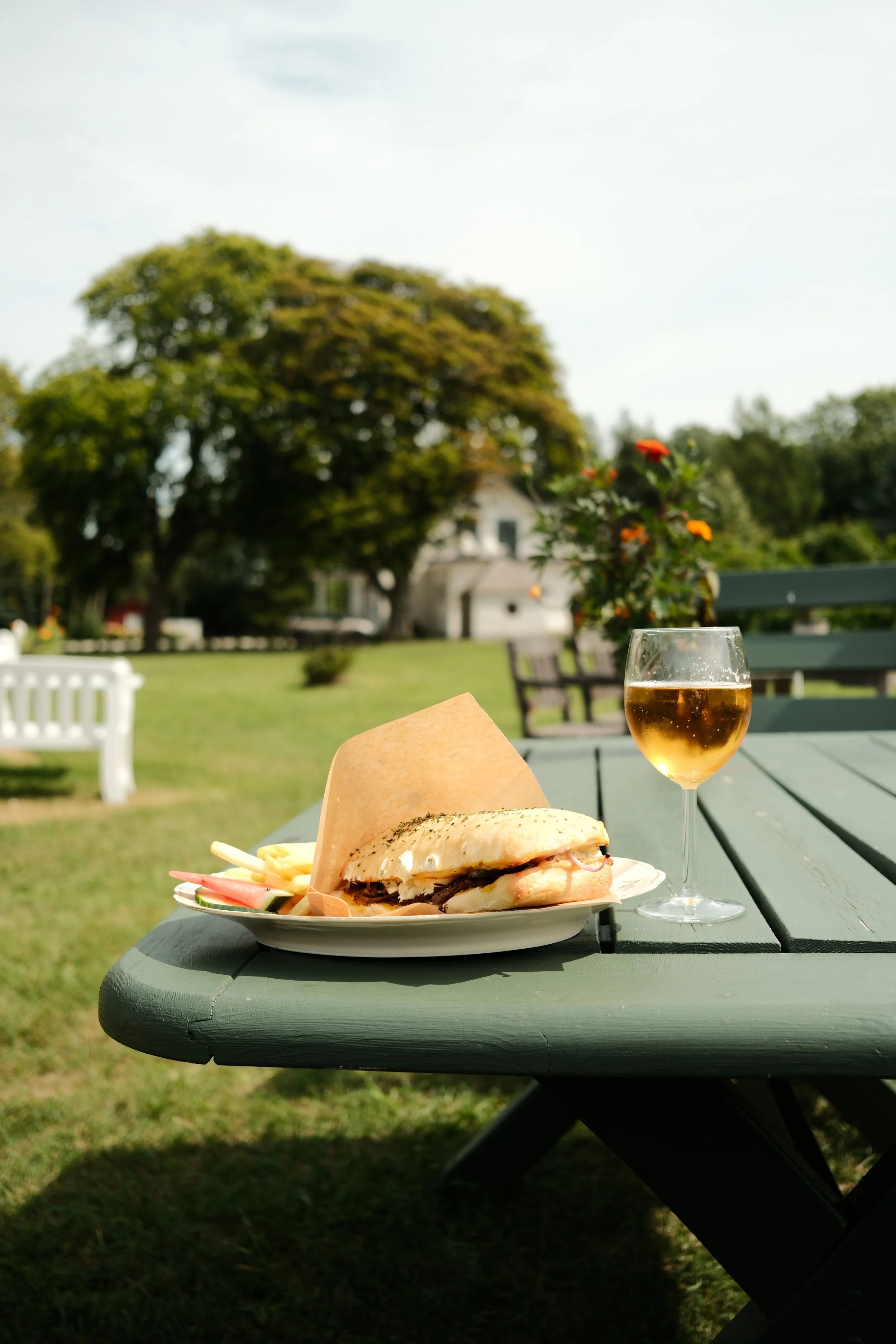 A plate with a sandwich, a side of fries, and a glass of white wine on an outdoor table, with a park-like background including trees and a white house.