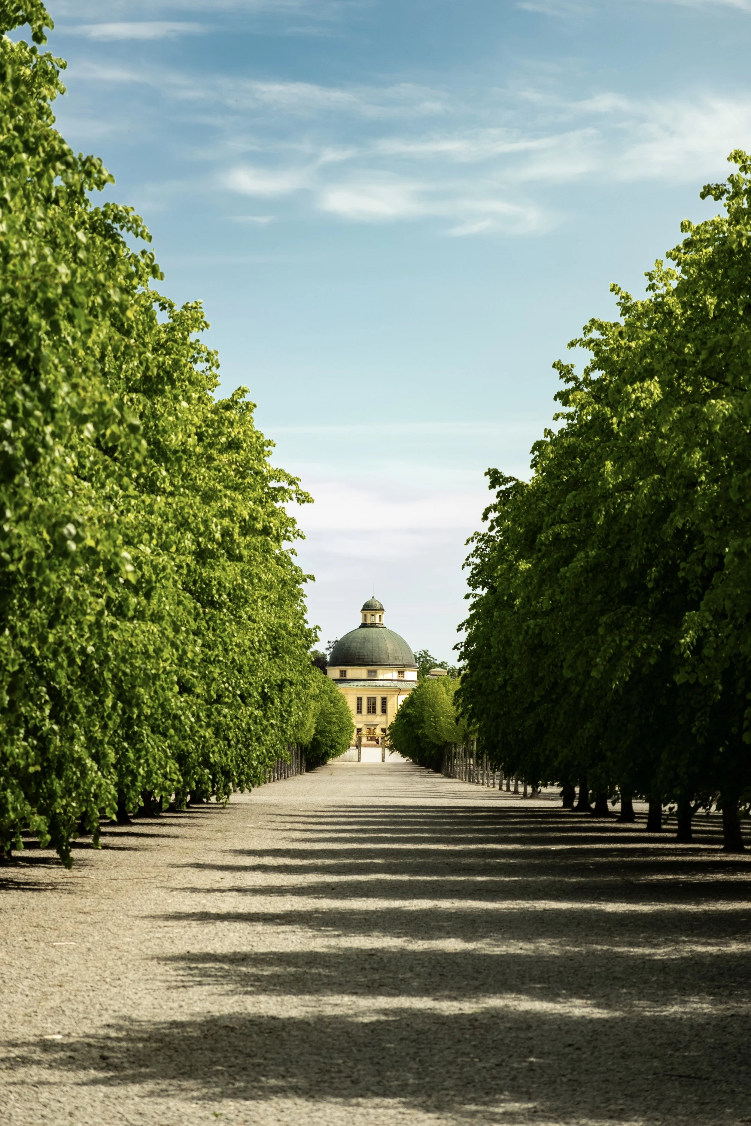 A pathway lined with tall, lush green trees leading towards a building with a domed roof, under a partly cloudy sky.