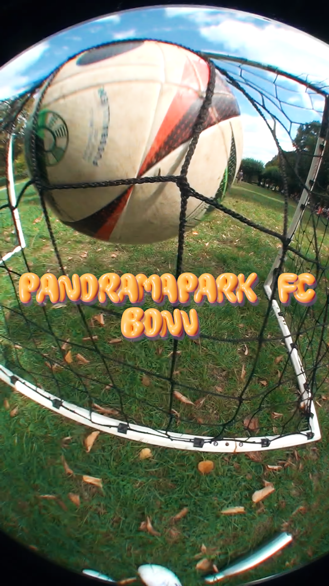 Fußball im Tor auf einer Wiese, mit buntem Text "Pandaramapark FC Bonn"