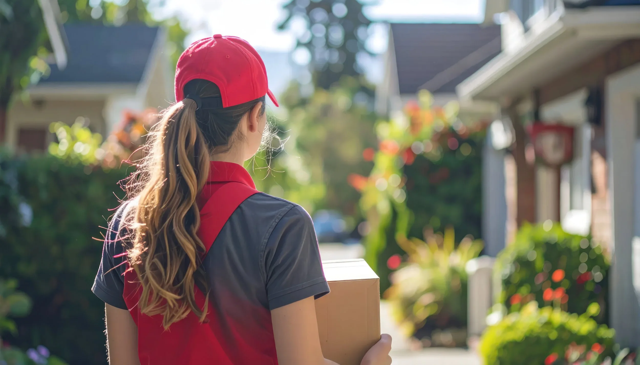 Courier carrying a package for last-mile delivery in a residential neighborhood.