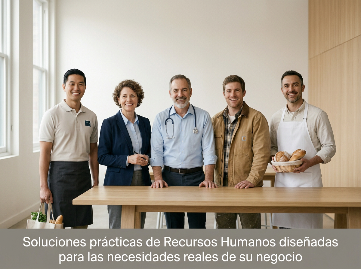 Group of five diverse professionals, including a doctor, businesswoman, barista, supermarket and construction business owner, standing behind a wooden table in a well-lit room, smiling at the camera.