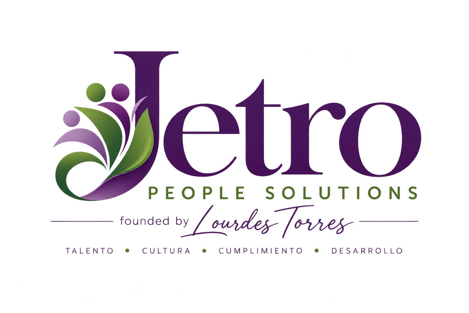 Logo for Jetro People Solutions with a stylized leaf and abstract shapes in green and purple, and words 'People Solutions' and other text in Spanish about talent, culture, compliance, and development.