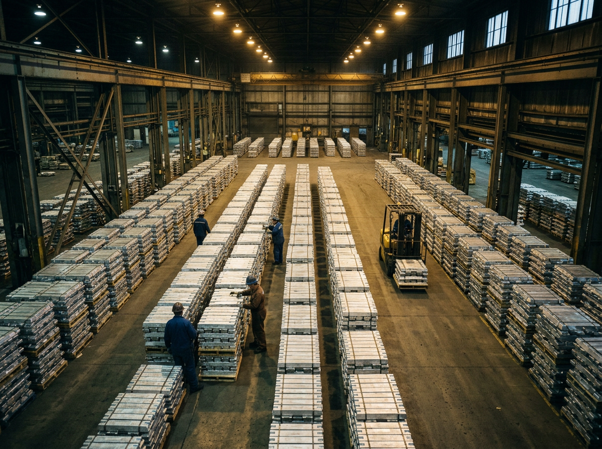 Inside a large industrial warehouse, workers are sorting and handling stacks of metal ingots on pallets, with a forklift moving pallets along empty warehouse space. The warehouse has high ceilings with bright overhead lighting and large windows on one side.