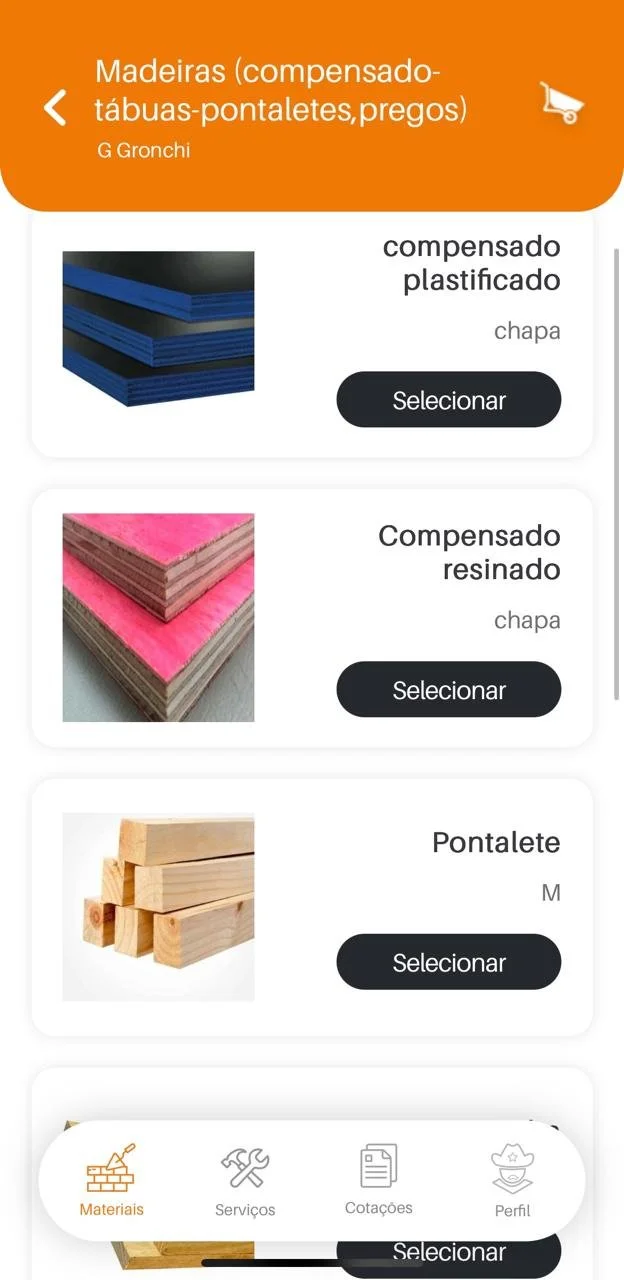 Catálogo de materiais de madeira, incluindo compensado plastificado azul, compensado resinado rosa, e pente de madeira, com opções de seleção.