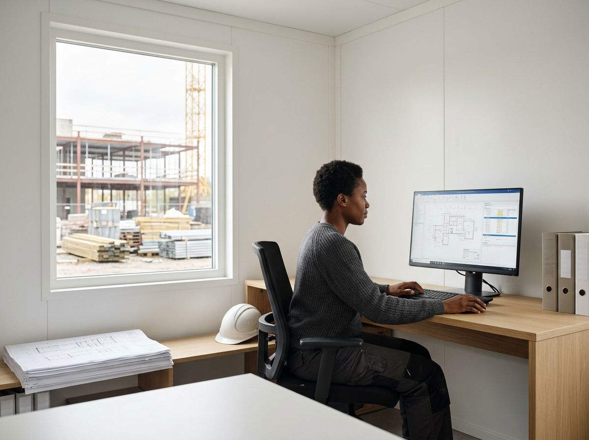 Mulher trabalhando em um escritório com vista para uma construção em andamento.