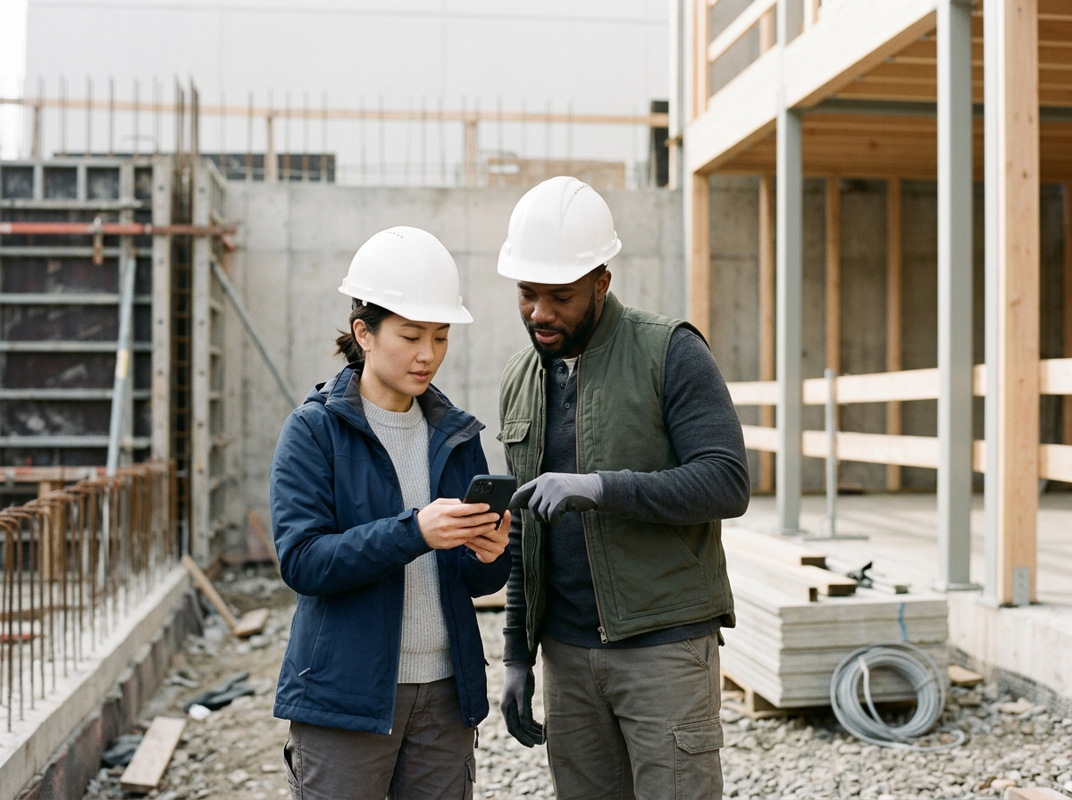 Engenheiro e operária olhando no celular em canteiro de obras com estrutura de madeira e materiais de construção ao fundo.