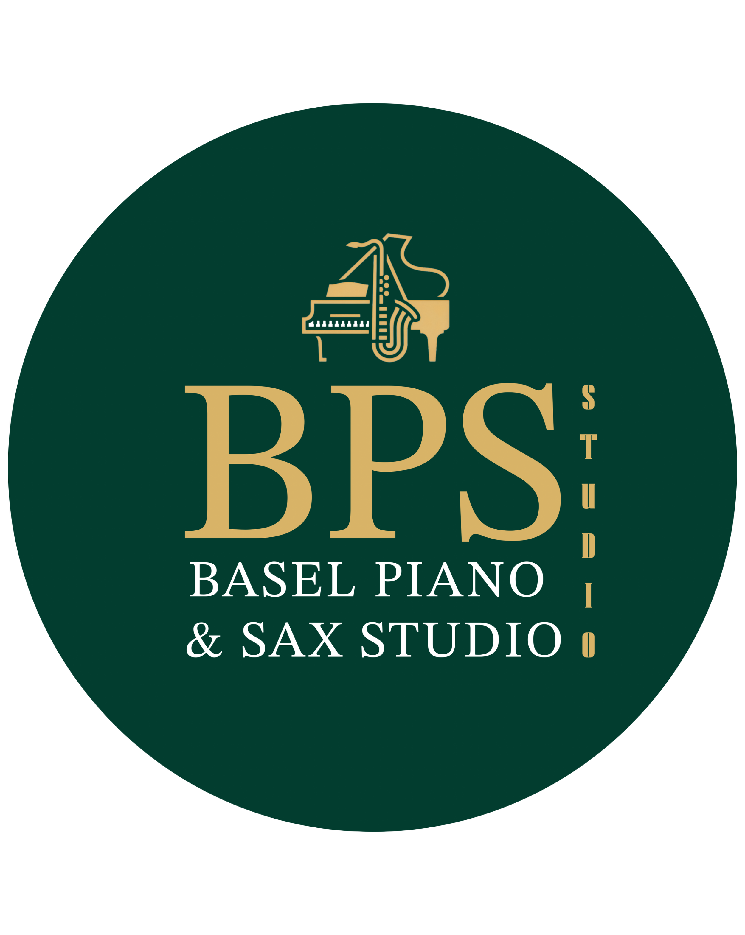 Logo for Basel Piano & Sax Studio featuring a stylized gold grand piano and saxophone on a dark green circular background with text.