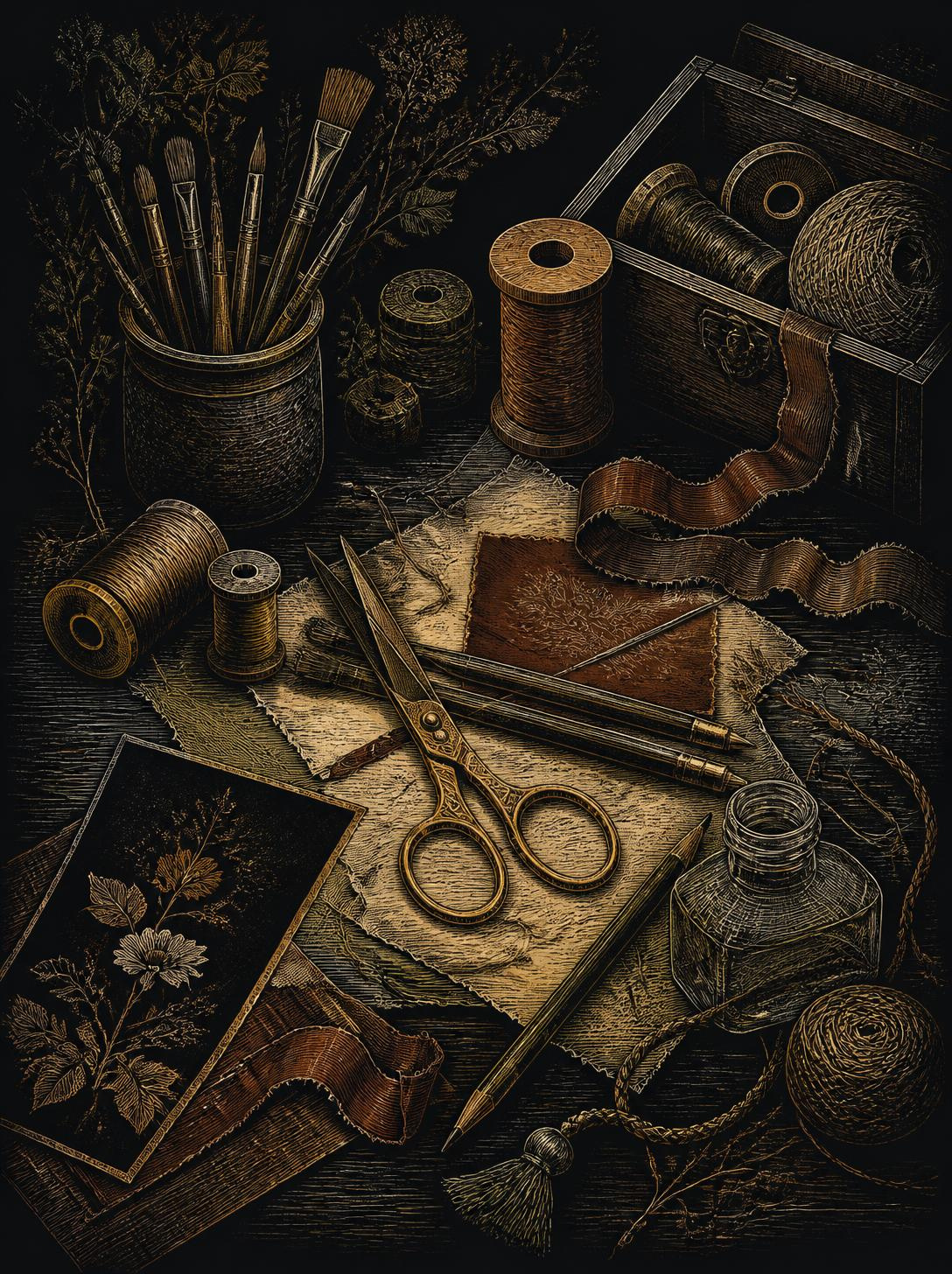 Vintage sewing and embroidery supplies including spools of thread, scissors, pins, embroidery floss, a sewing kit, and botanical illustrations on textured paper, arranged on a dark wooden surface.